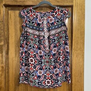 LOFT Navy Floral-Print Sleeveless Top with Coral & Pink Accents